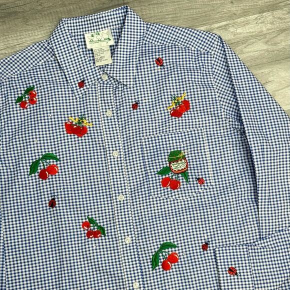 Quaker Factory Gingham Plaid Button Shirt Blue White Cherry Ladybug Size Large - Picture 1 of 9